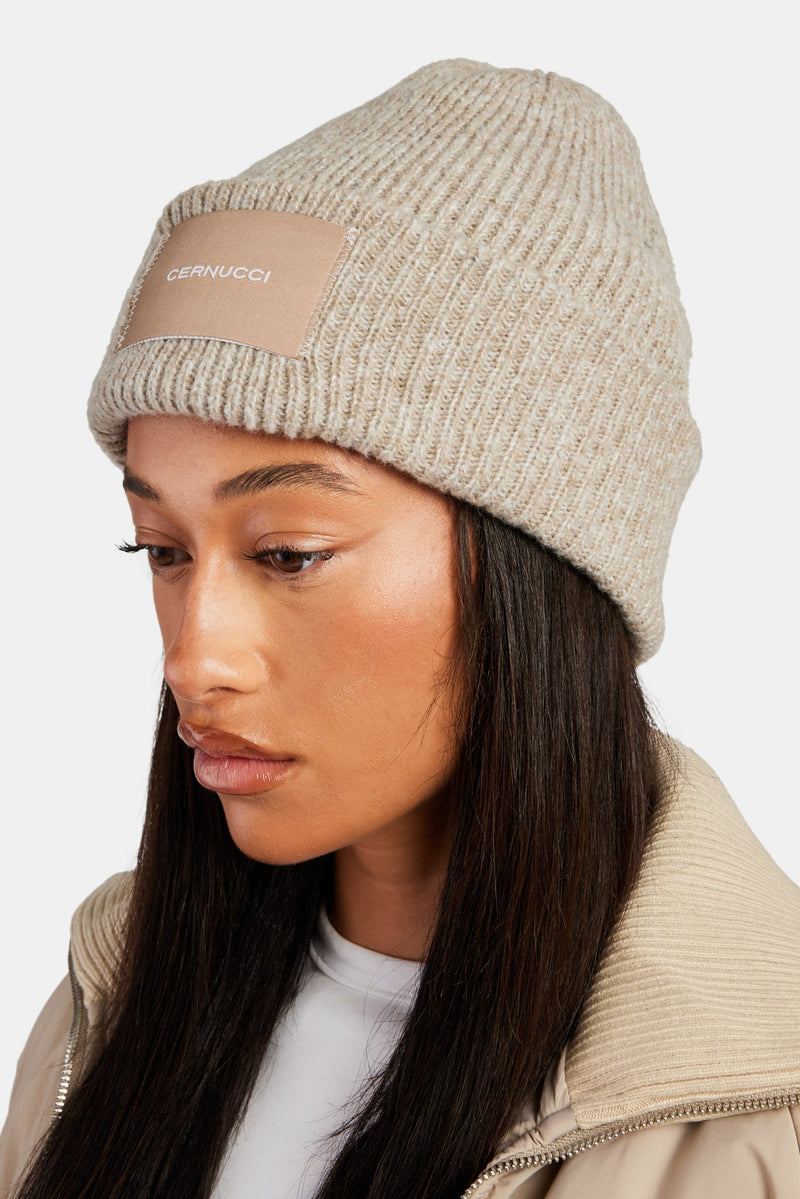 AmalfiGold Woven Label Beanie - Beige