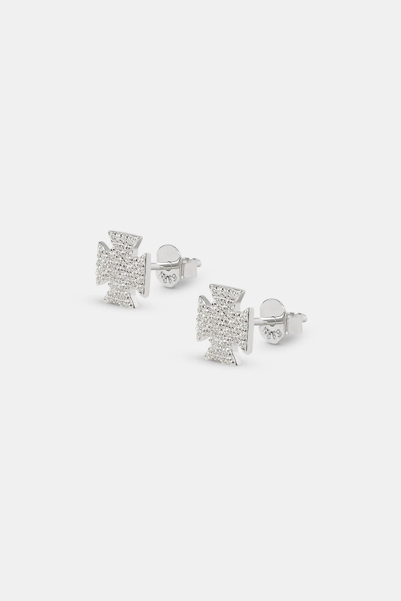 Iced Cross Motif Stud Earrings - 8mm