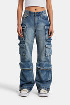 Ladies Relaxed Cargo Jeans - Mid Blue