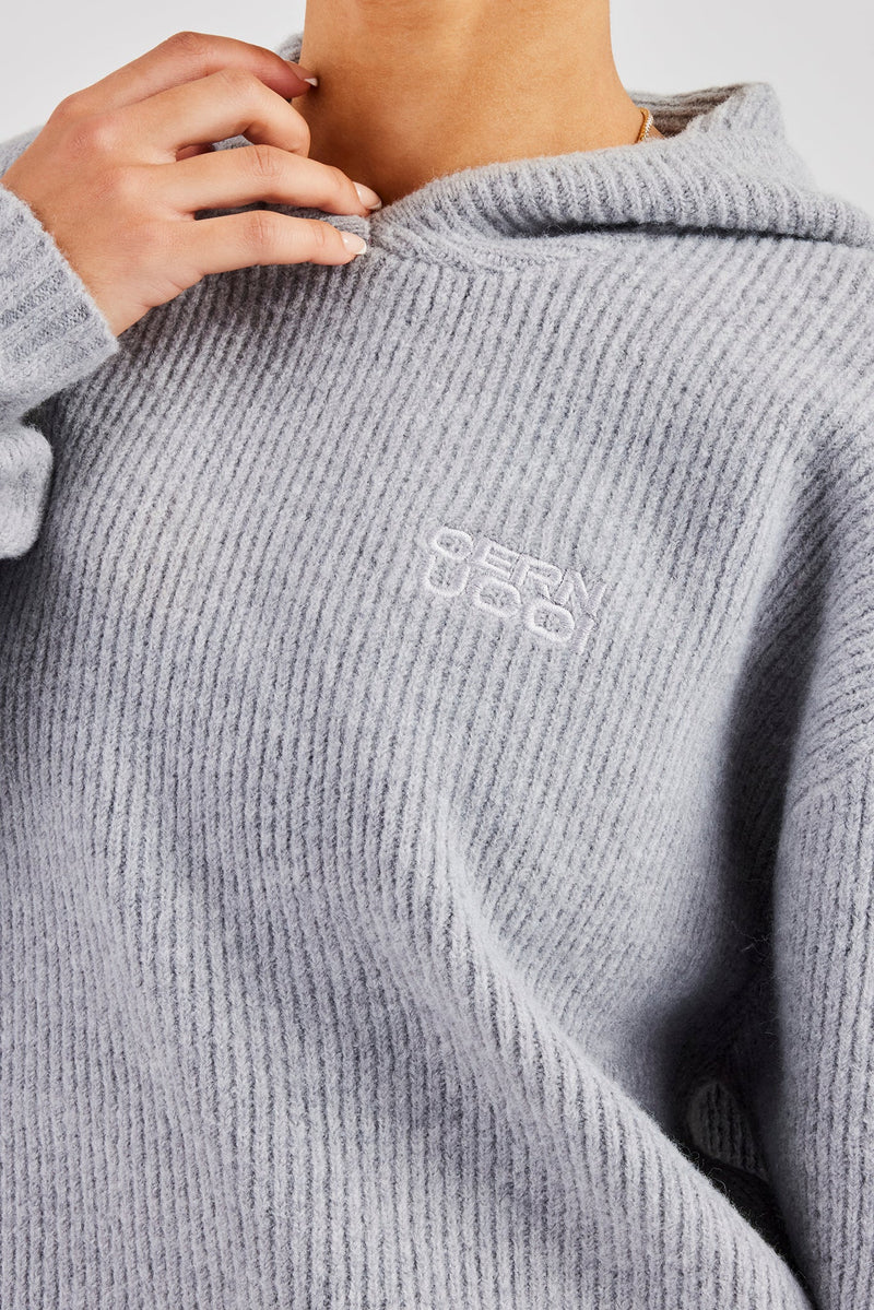 Knit Boxy Embroidered Hoodie - Grey