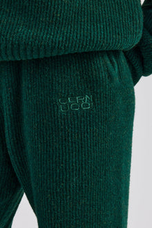 Knit Wide Leg Embroidered Jogger - Forest Green