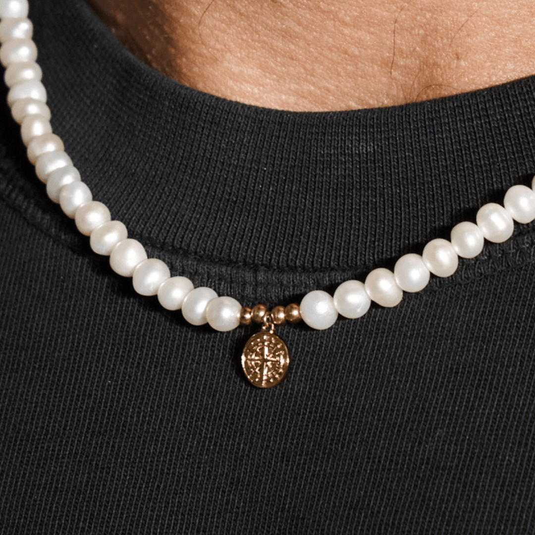 Compass Real Pearl Necklace (Gold)
