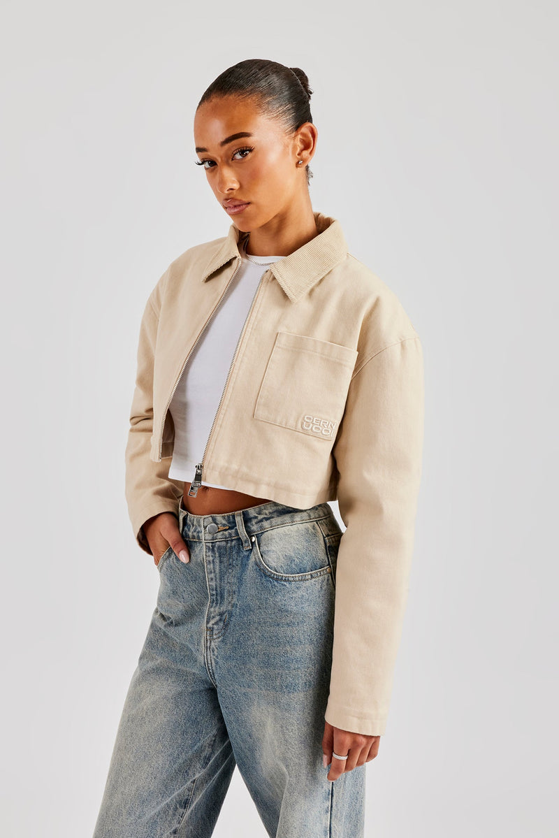 Twill Cord Collar Harrington Jacket - Stone