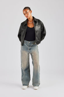 PU Embroidered Harrington Jacket - Black