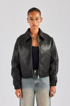 PU Embroidered Harrington Jacket - Black