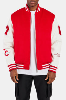 Pearl Embellished Bomber Jacket  - Red