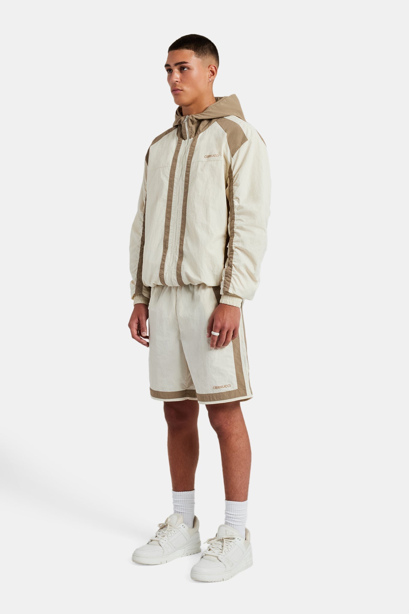 Nylon Colour Block Zip Through & Short Set - Off White