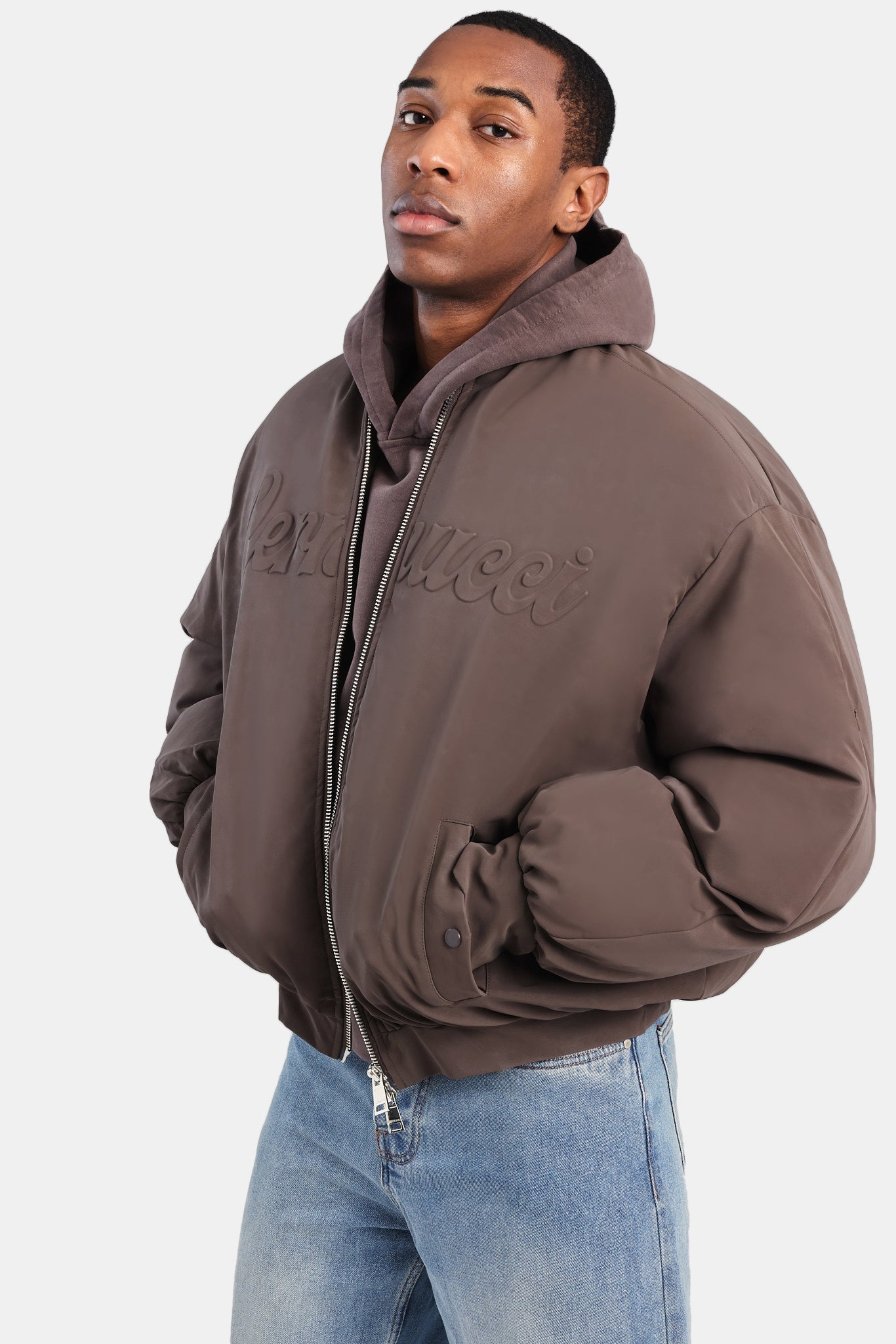 AmalfiGold PU Puffer Bomber Jacket - Brown
