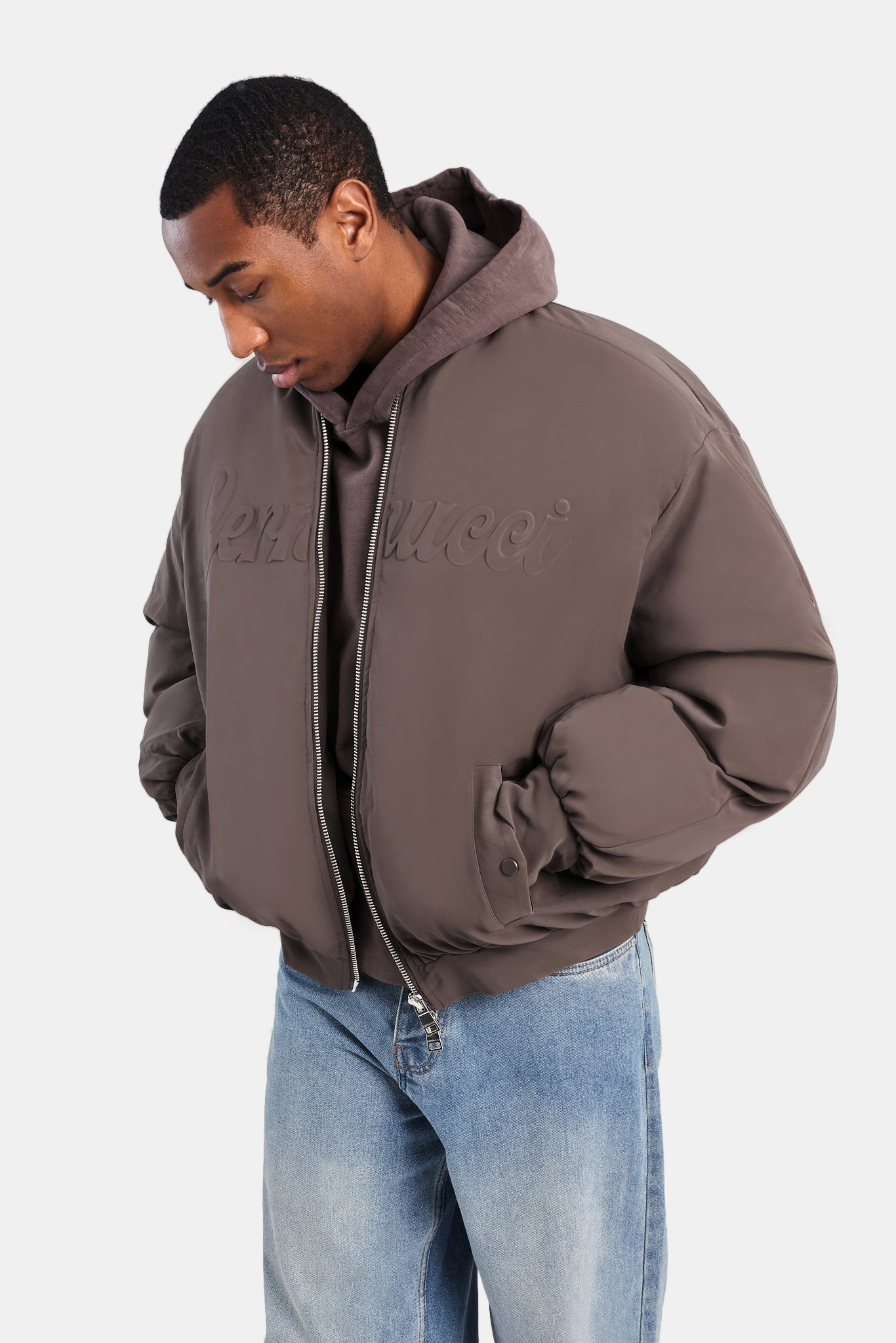 AmalfiGold PU Puffer Bomber Jacket - Brown