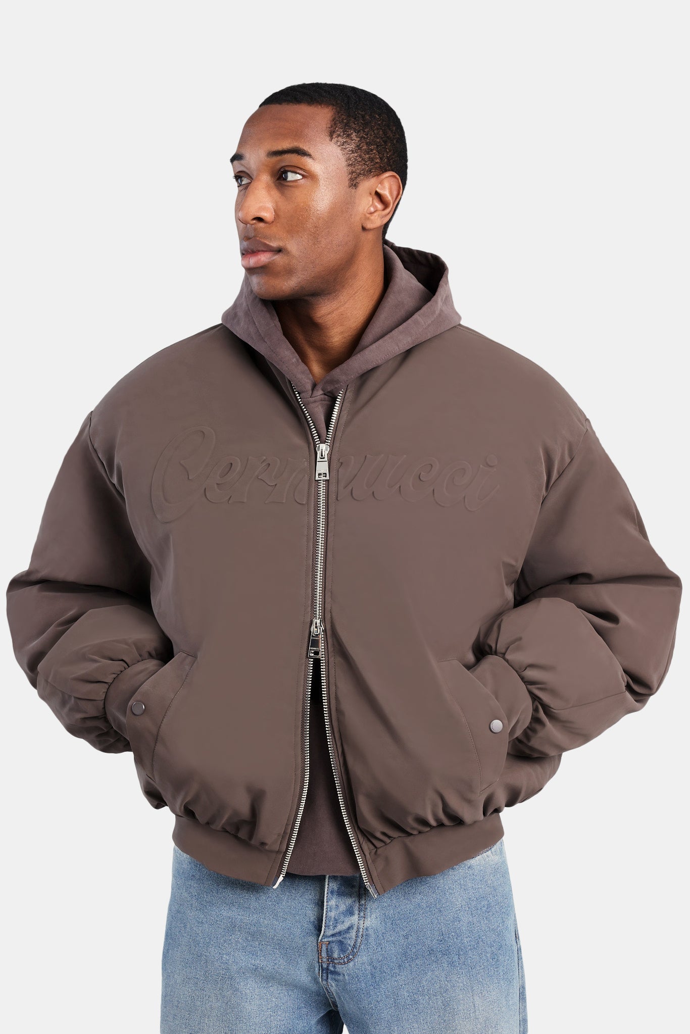AmalfiGold PU Puffer Bomber Jacket - Brown