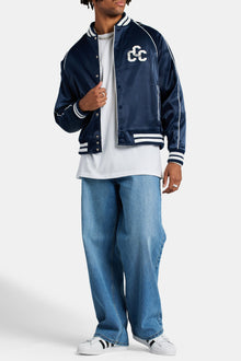 AmalfiGold Satin Souvenir Bomber Jacket - Navy
