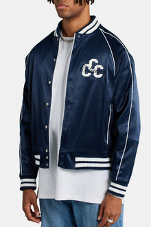 AmalfiGold Satin Souvenir Bomber Jacket - Navy