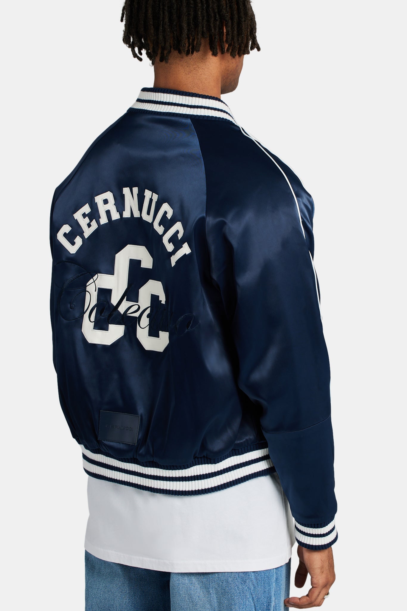 AmalfiGold Satin Souvenir Bomber Jacket - Navy