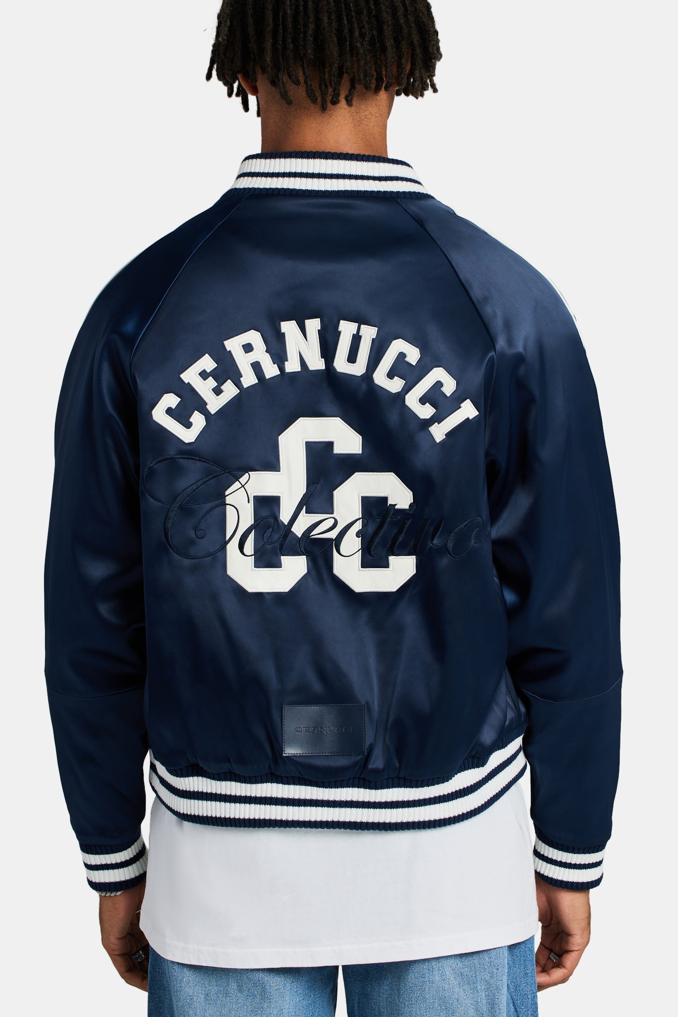 AmalfiGold Satin Souvenir Bomber Jacket - Navy
