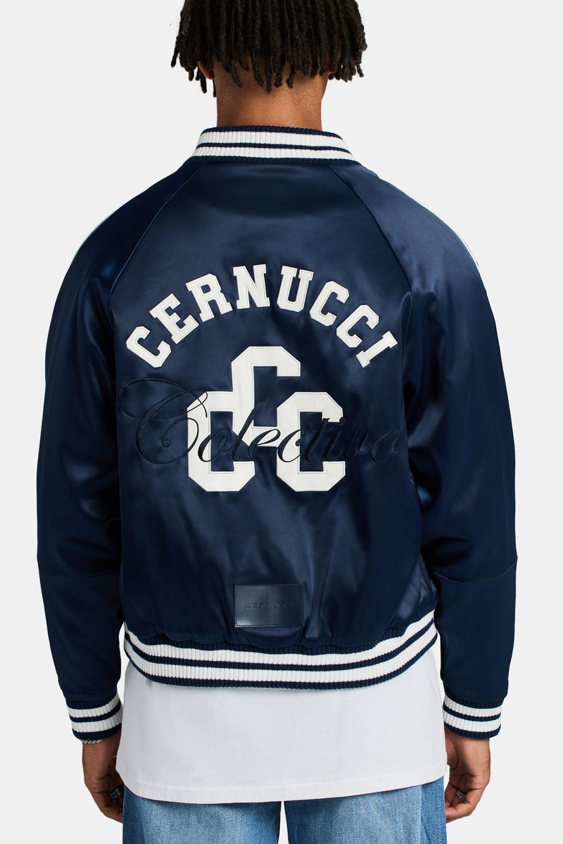 AmalfiGold Satin Souvenir Bomber Jacket - Navy