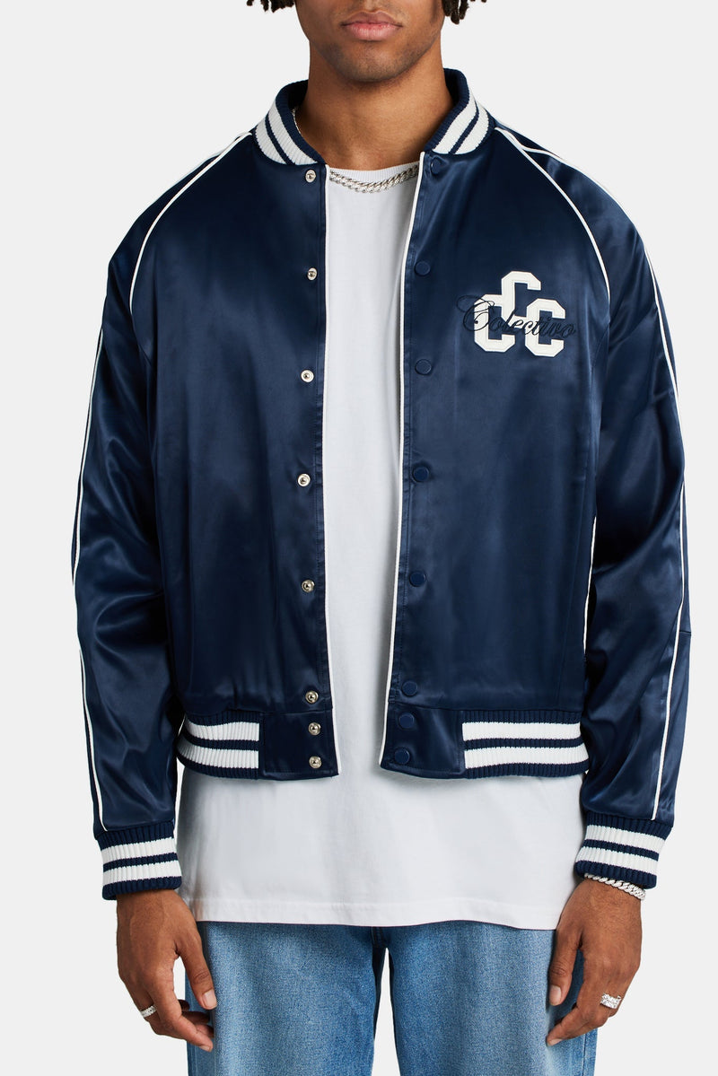 AmalfiGold Satin Souvenir Bomber Jacket - Navy