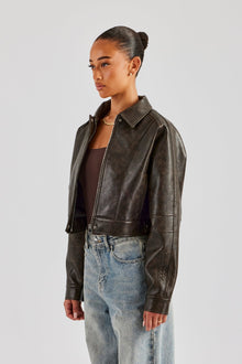 Washed Oversized PU Jacket - Brown
