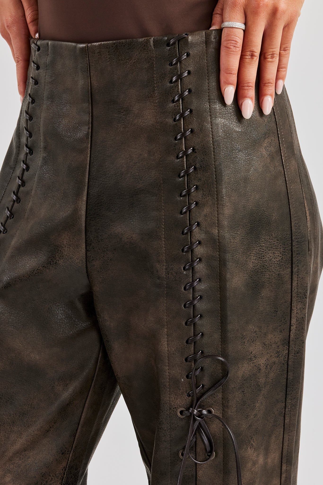Washed PU Lace Up Detail Trouser - Brown