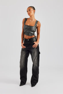 Washed PU Square Neck Top - Charcoal