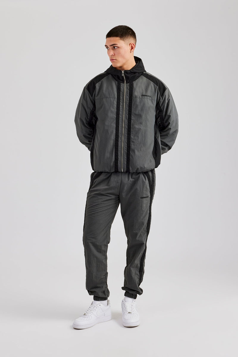 Nylon Colour Block Zip Through Tracksuit - Charcoal