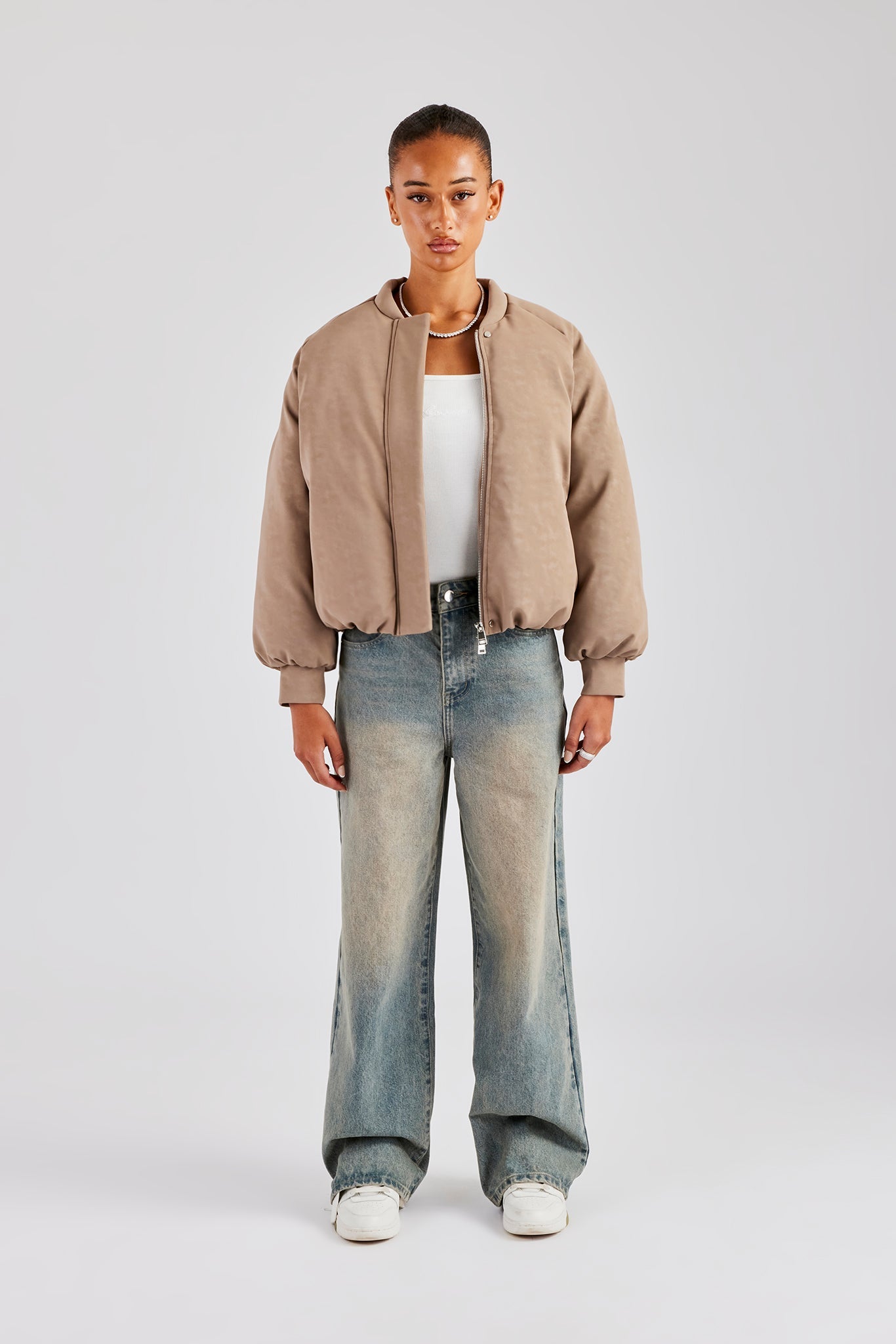 AmalfiGold Cropped PU Puffer Bomber Jacket - Taupe
