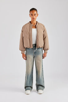 AmalfiGold Cropped PU Puffer Bomber Jacket - Taupe