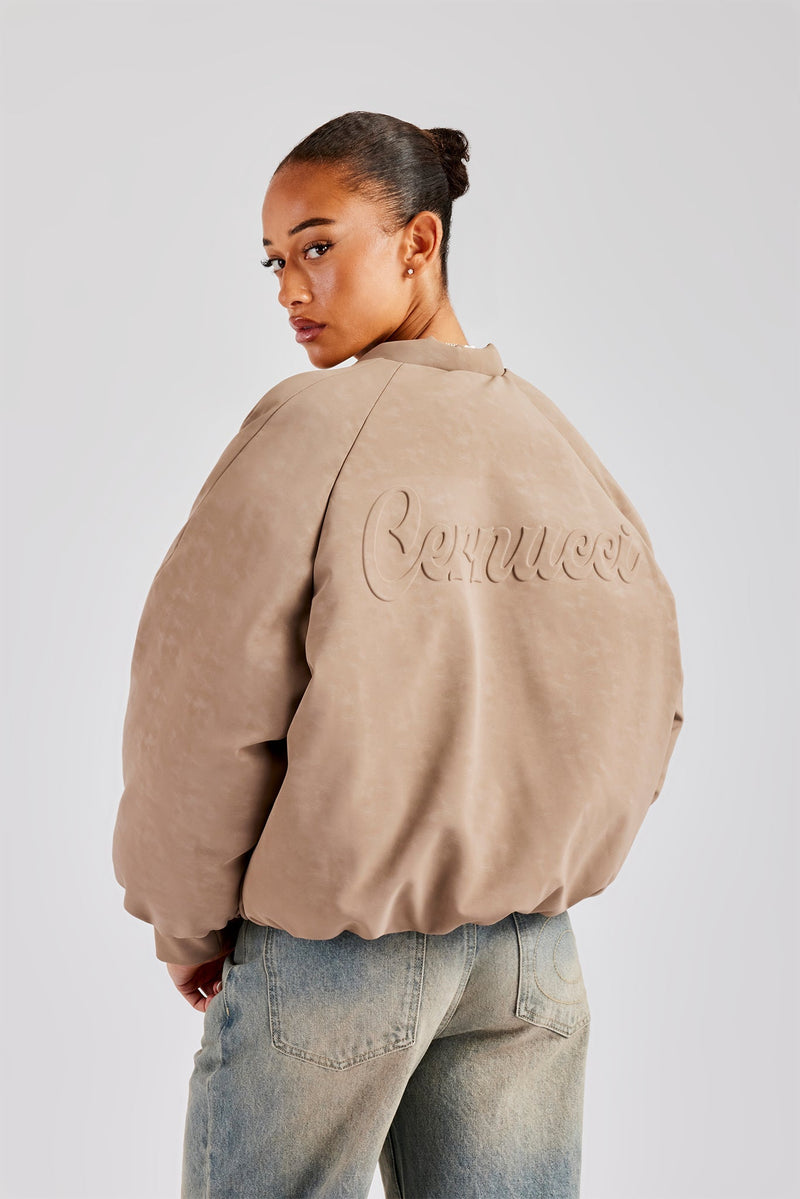 AmalfiGold Cropped PU Puffer Bomber Jacket - Taupe