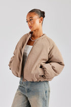 AmalfiGold Cropped PU Puffer Bomber Jacket - Taupe