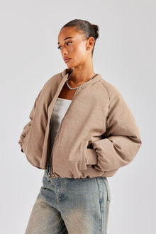 AmalfiGold Cropped PU Puffer Bomber Jacket - Taupe