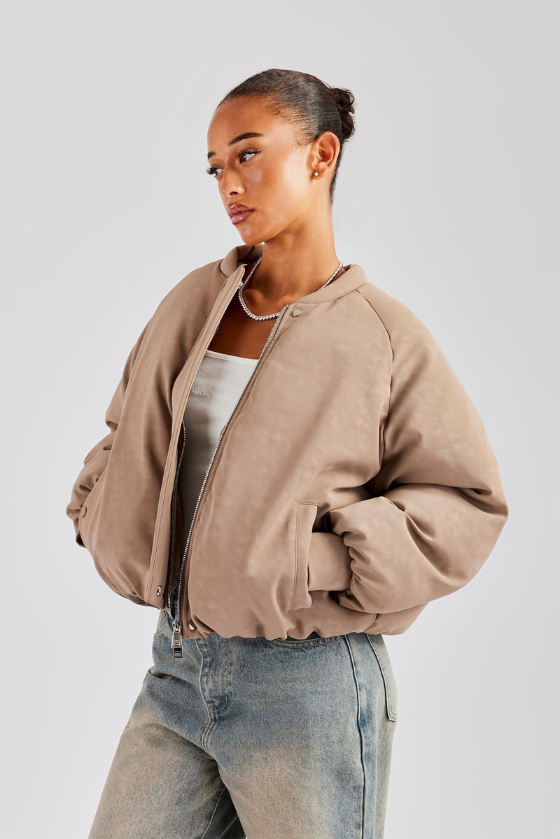 AmalfiGold Cropped PU Puffer Bomber Jacket - Taupe