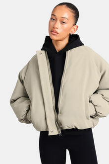 AmalfiGold Cropped PU Puffer Bomber Jacket - Sage