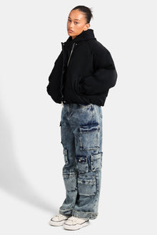 AmalfiGold Cropped PU Puffer Bomber Jacket - Black
