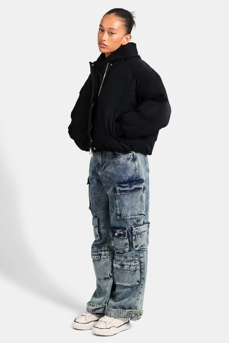 AmalfiGold Cropped PU Puffer Bomber Jacket - Black