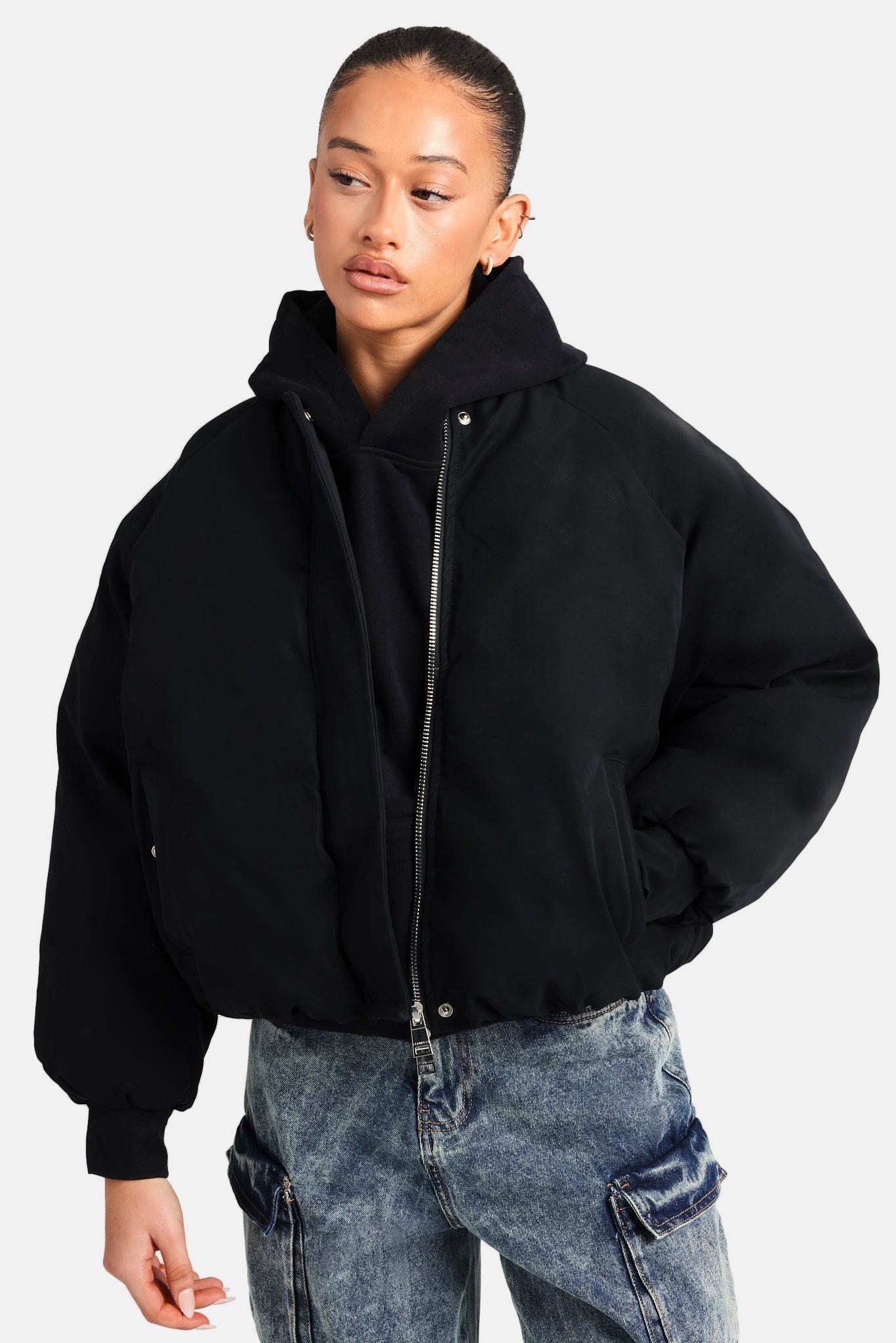 AmalfiGold Cropped PU Puffer Bomber Jacket - Black