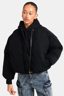 AmalfiGold Cropped PU Puffer Bomber Jacket - Black