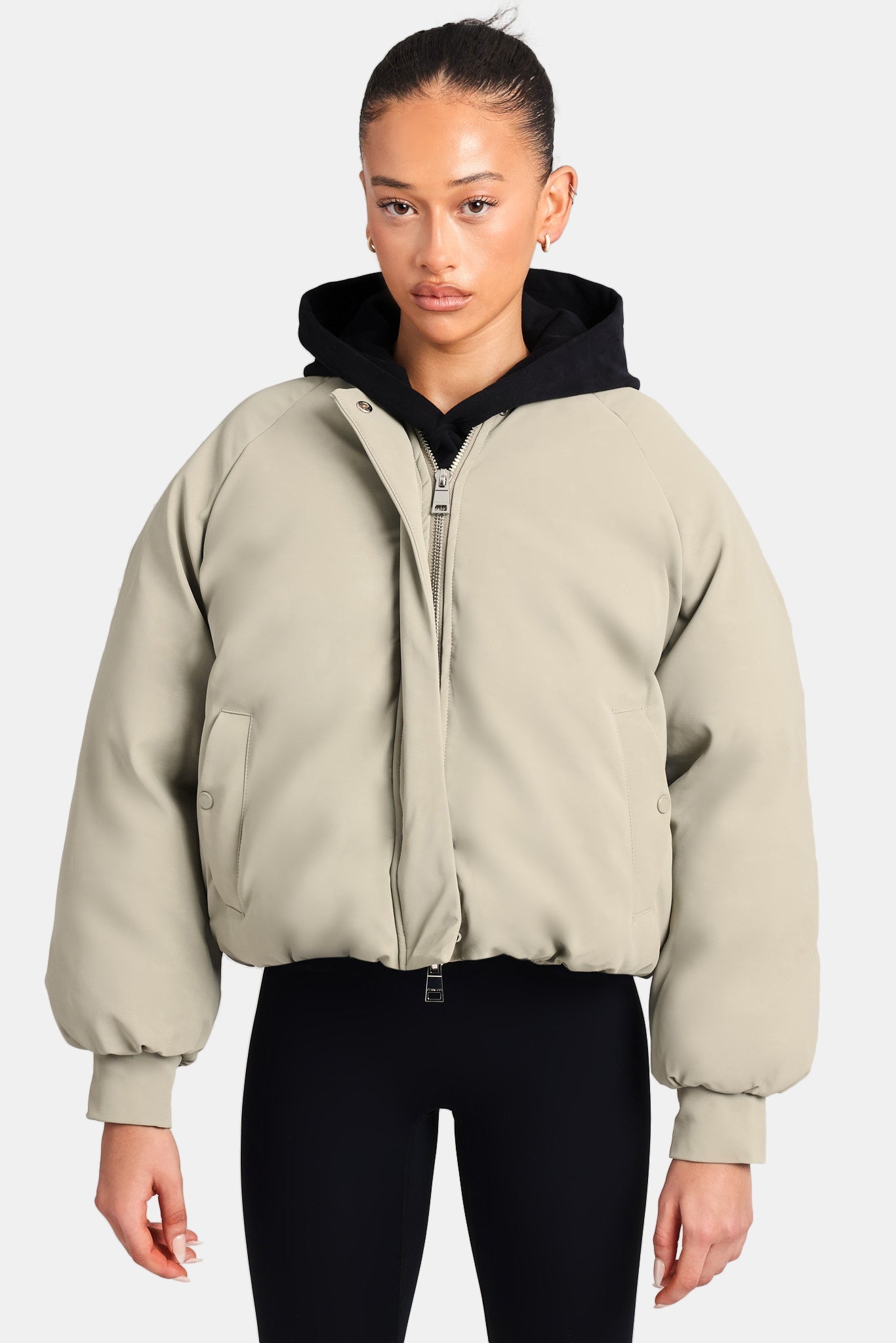 AmalfiGold Cropped PU Puffer Bomber Jacket - Sage