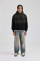 Washed Embroidered Boxy Hoodie - Black