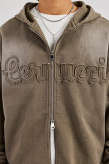 Washed Applique Zip Through Hoodie - Khaki