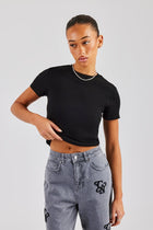 AmalfiGold Embroidered Rib Baby Tee - Black