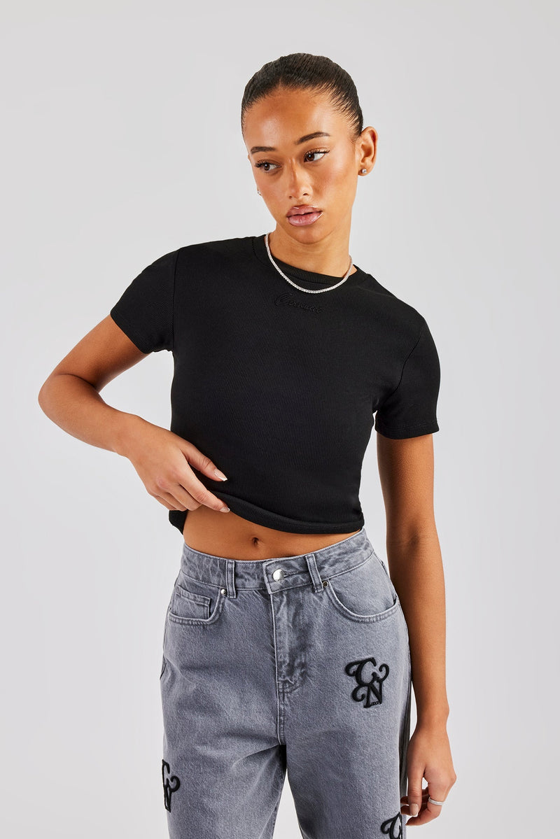 AmalfiGold Embroidered Rib Baby Tee - Black