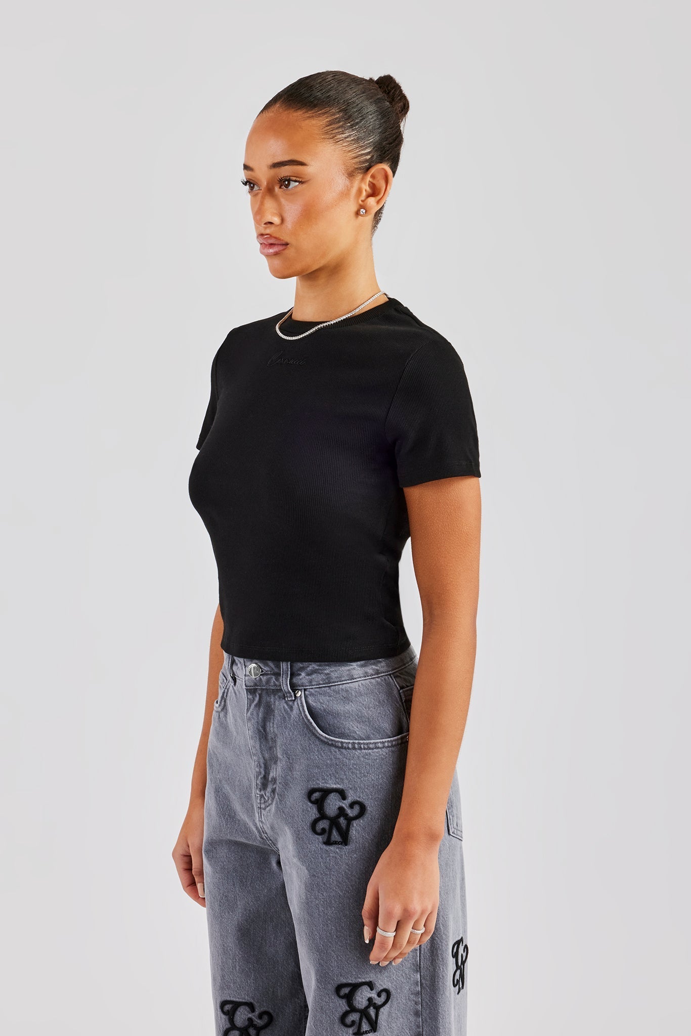 AmalfiGold Embroidered Rib Baby Tee - Black