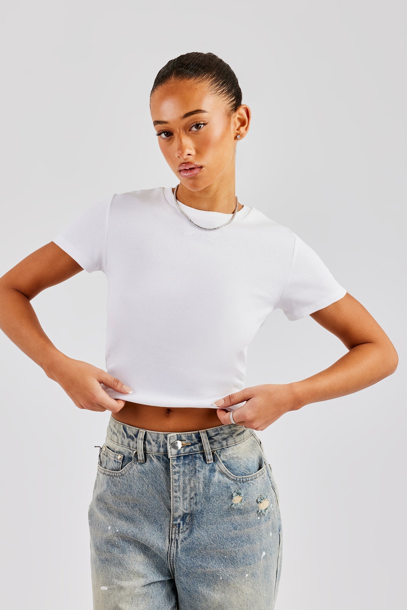 AmalfiGold Embroidered Rib Baby Tee - White