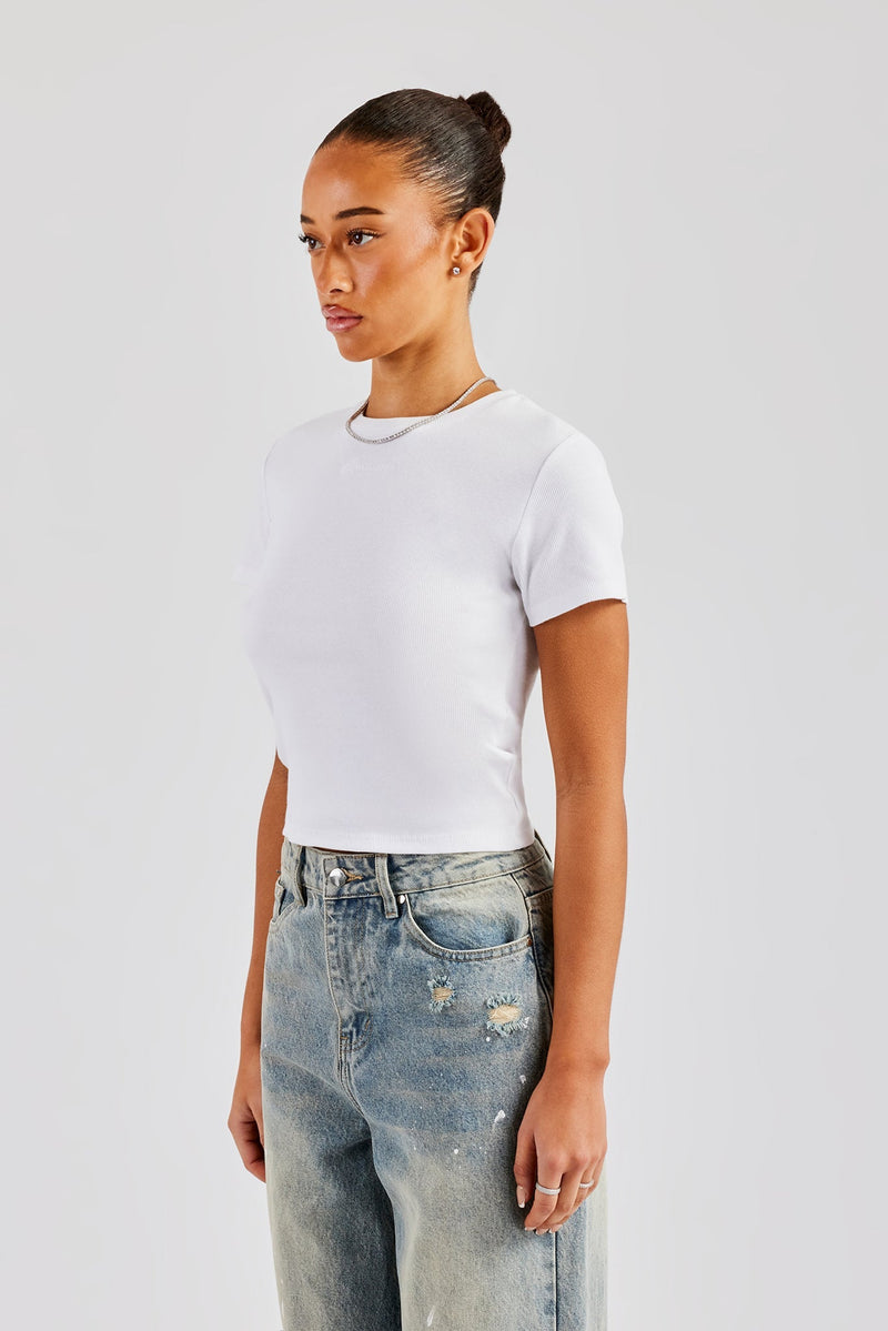 AmalfiGold Embroidered Rib Baby Tee - White