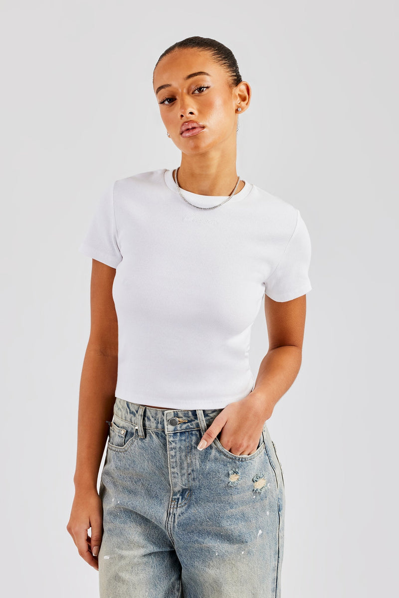 AmalfiGold Embroidered Rib Baby Tee - White