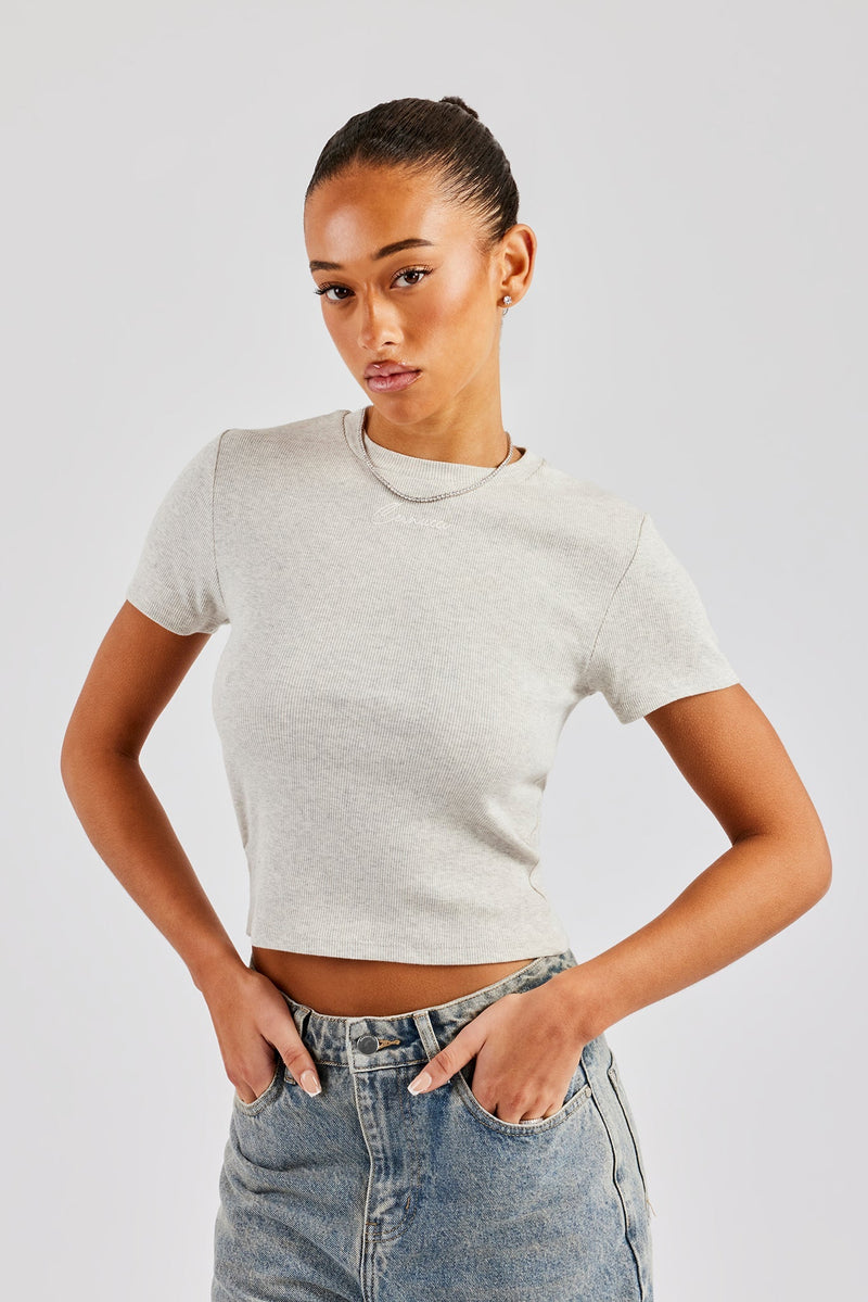 AmalfiGold Embroidered Rib Baby Tee - Ash Grey