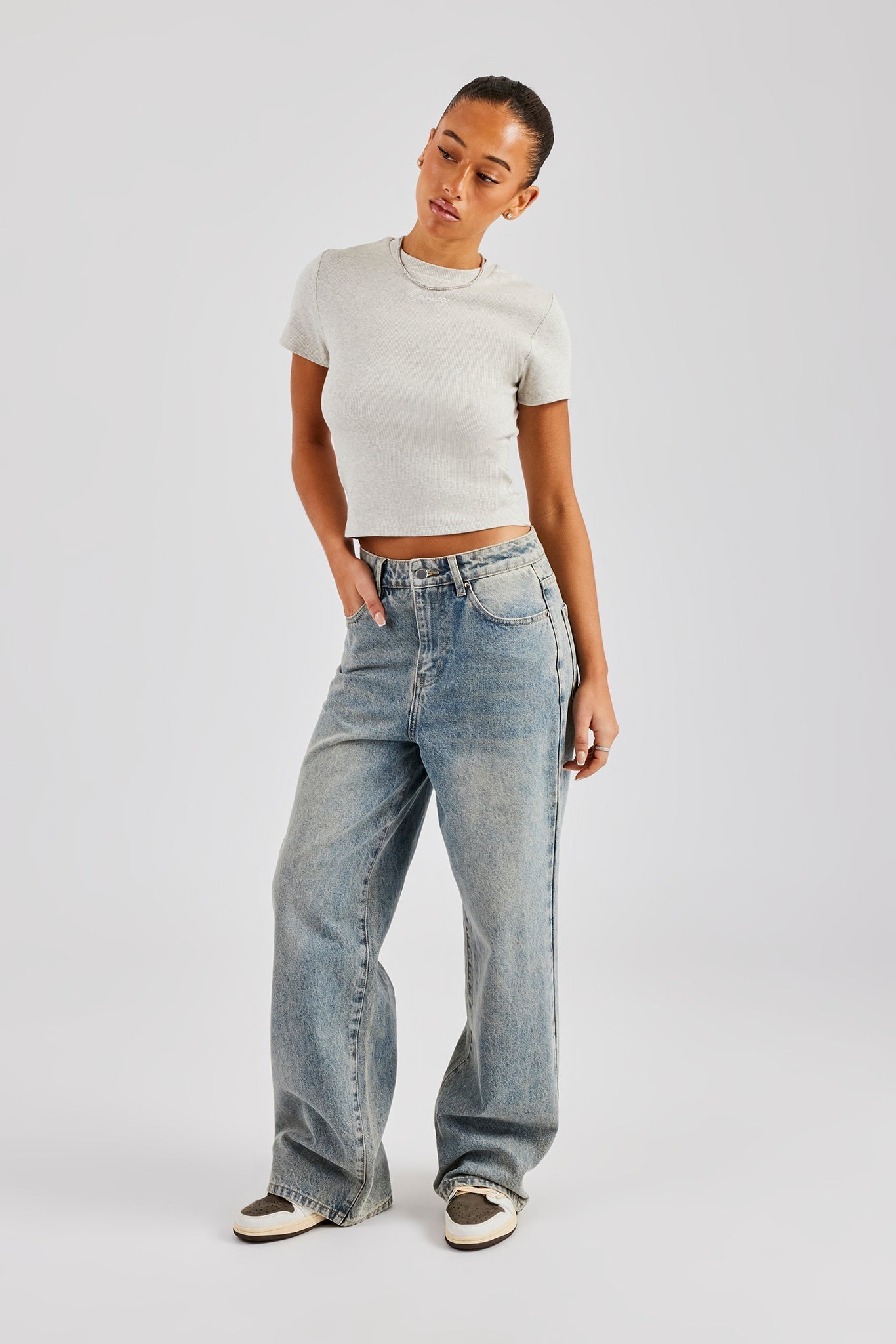 AmalfiGold Embroidered Rib Baby Tee - Ash Grey