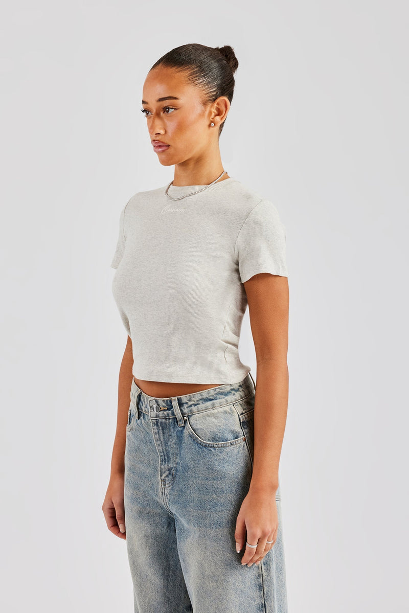 AmalfiGold Embroidered Rib Baby Tee - Ash Grey
