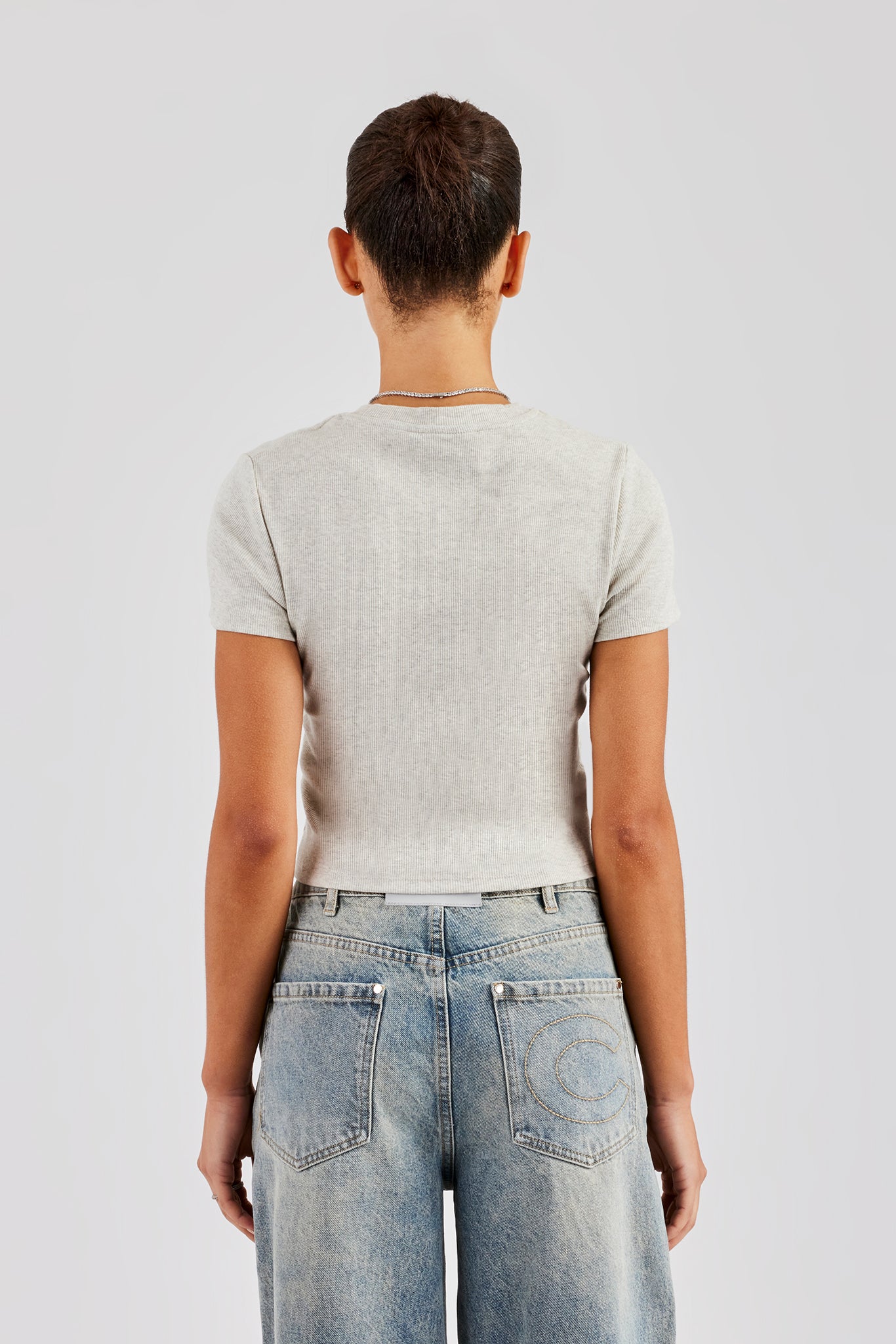 AmalfiGold Embroidered Rib Baby Tee - Ash Grey