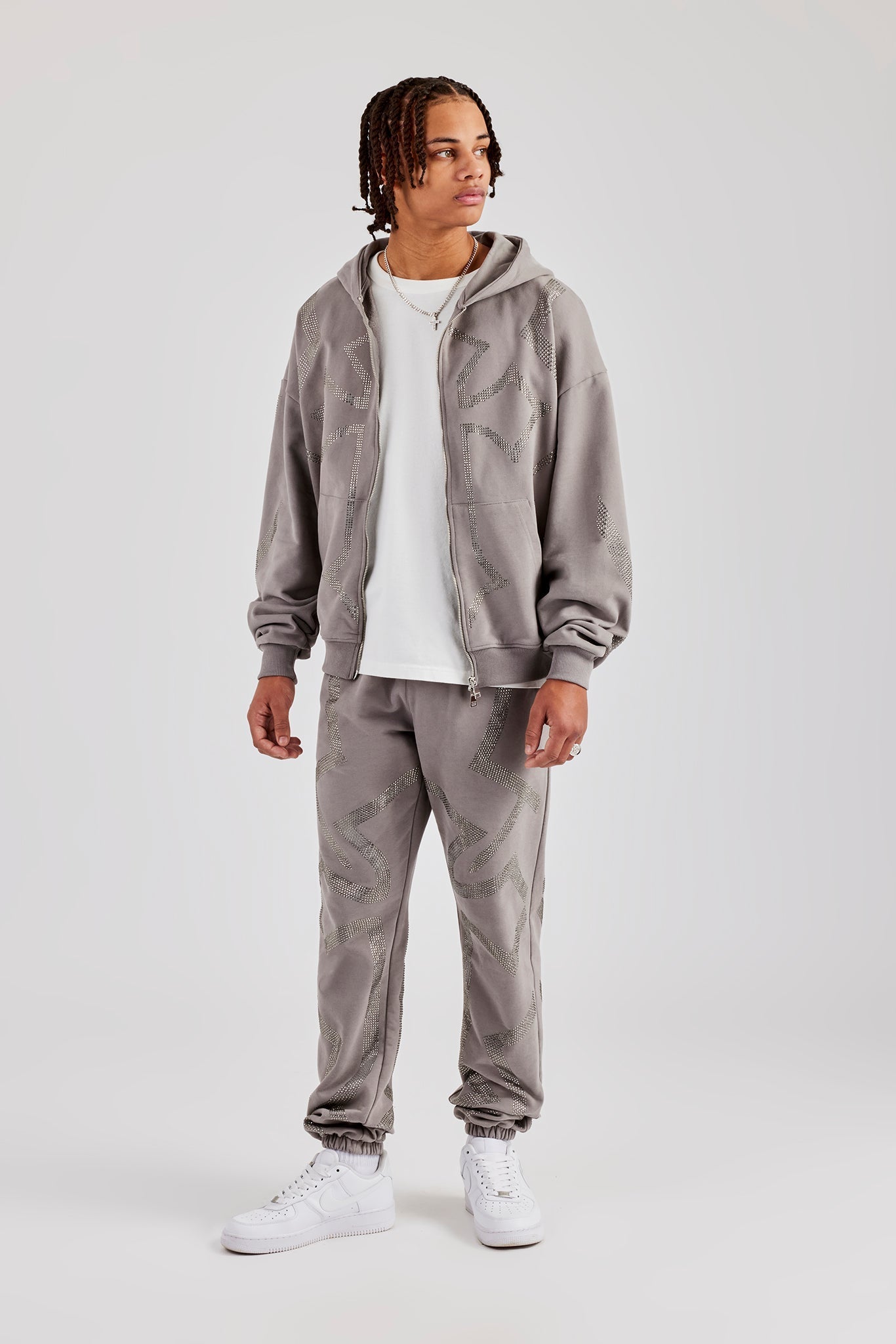 Rhinestone Cross Zip Through Tracksuit - Charcoal