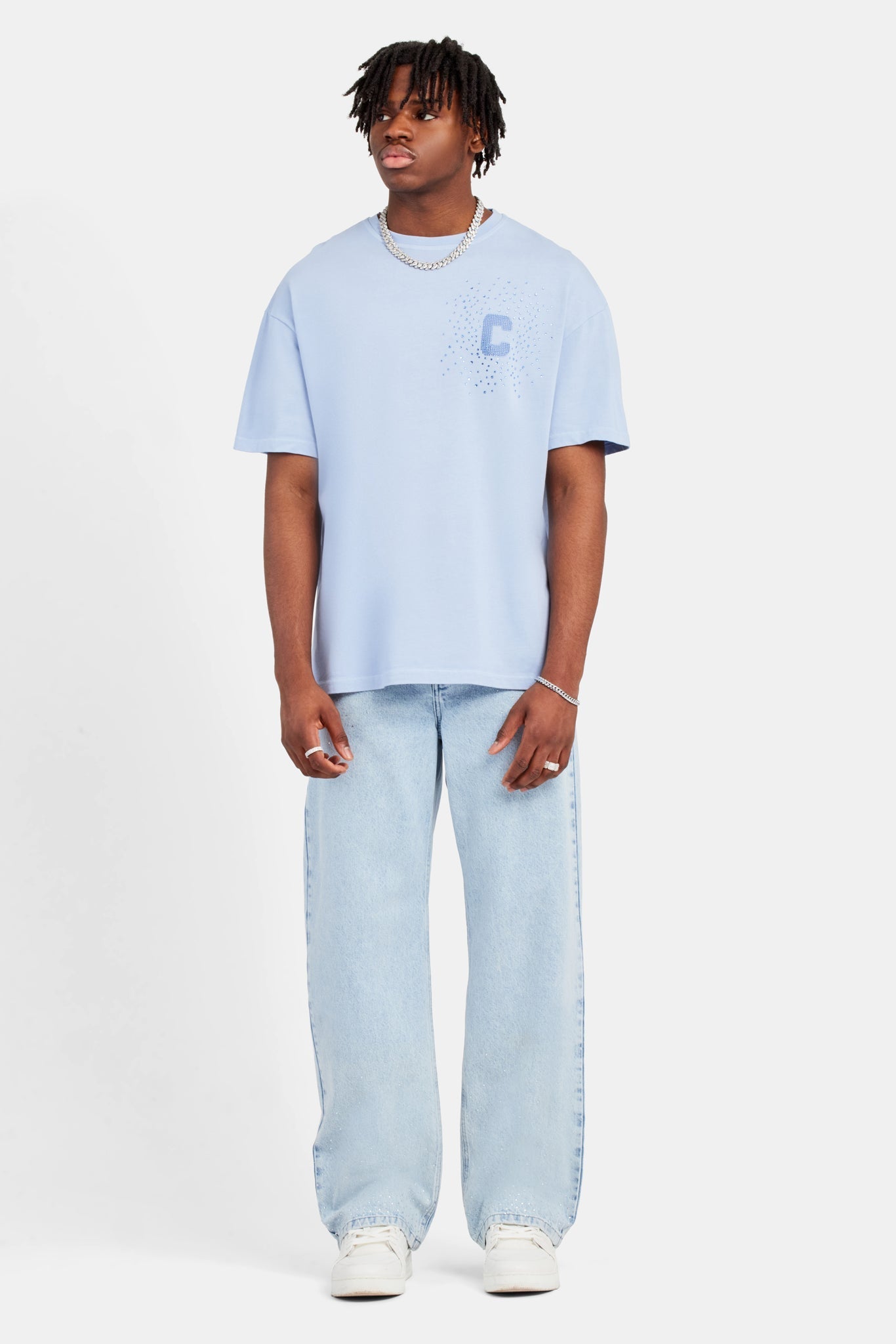 Baggy Fit Rhinestone Jeans - Ice Blue